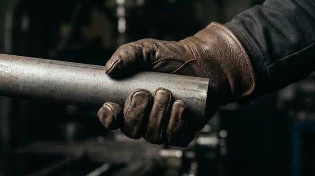 Trabajador industrial sujetando tubo de acero con guante de cuero
