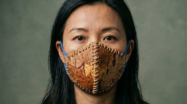 Mujer usando mascarilla hecha de follaje oto&ntilde;al