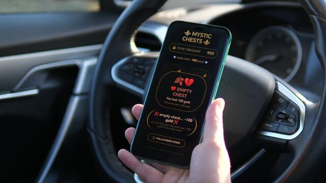 Man playing a mobile fantasy gambling app in a car. Sequence shows placing a bet and losing gold in an empty chest. High-quality UI for gaming apps, online casino promos, and tech reviews. Real-time