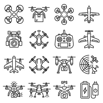 Drone Icons Set - Quadcopter, Camera, Remote Control