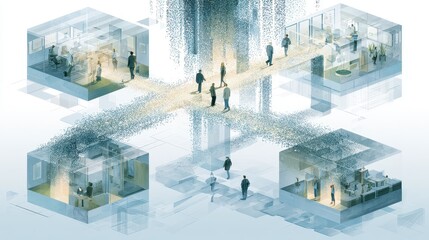Obraz premium Information flow system, cascading data particles linking corporate environments globally, soft tech illustration, Watercolor style.