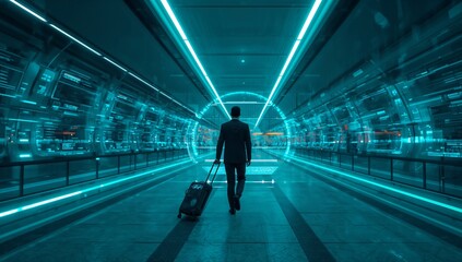 Obraz premium Generative AI depicts a traveler walking through a futuristic tunnel with a suitcase