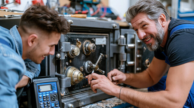 Locksmith kneeling beside a vintage safe with a modern digital key decoder beside it on a worn workshop floor, problem resolution concept for security consulting, intergenerational craftsman and app