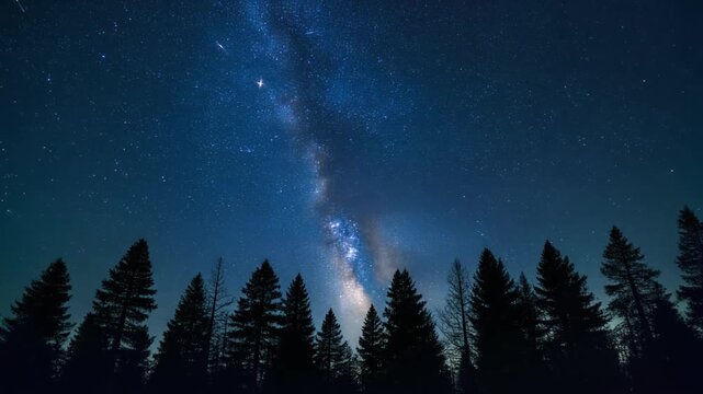 Stunning Starry Night Sky and Meteor Shower Above Dark Forest Trees Landscape
