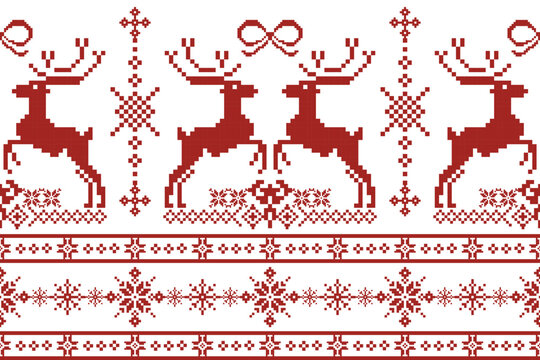 Xmas Pixel Art Background with Red Embroidery Pattern on White