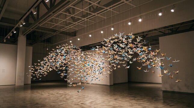 Large origami crane installation suspended in a modern art gallery