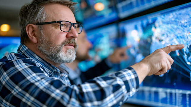 Network operations center technician pointing to a cluster diagram on a wall mounted display showing connected node pathways across a global infrastructure map, telecommunications team reviewing ser