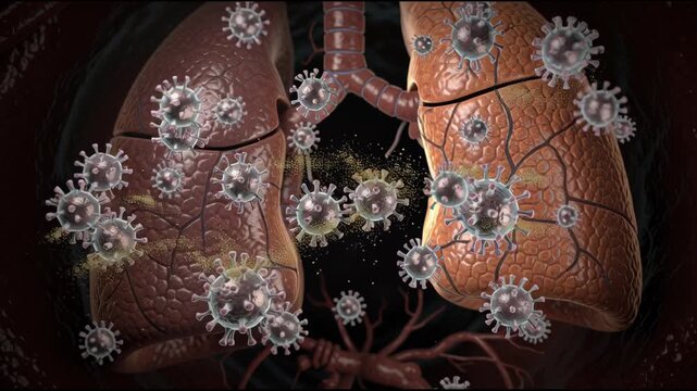 Hantavirus virus particles floating near human lungs respiratory system medical 3d animation