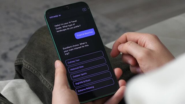 Plan your next trip with AI. High-quality footage of a user interacting with a smart travel guide app. Features a sleek dark UI choosing vacation landscapes. Perfect for tech, travel, and lifestyle