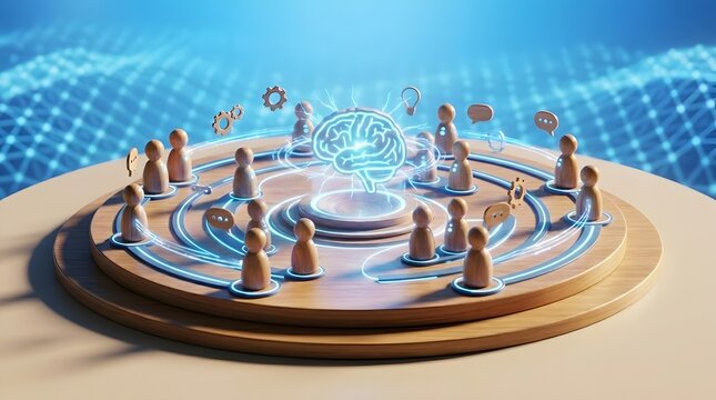 Collective intelligence concept showing a workforce network revolving around a glowing artificial intelligence brain
