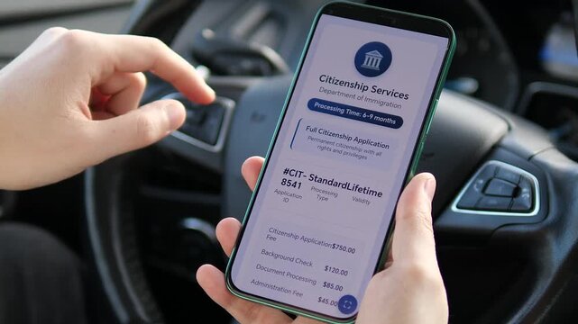 User reviewing a full citizenship application on a mobile government portal. The screen details processing times and fees. Ideal for immigration services, legal documentation, and official government