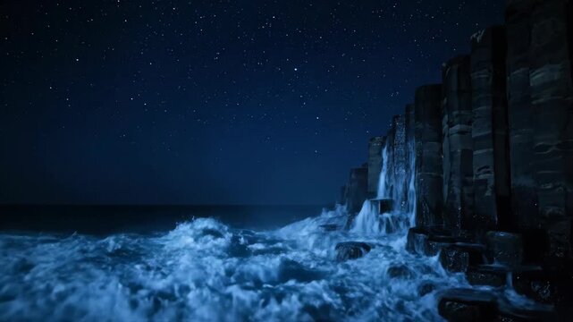 Dramatic basalt columns on the coast with night ocean waves under starry sky.