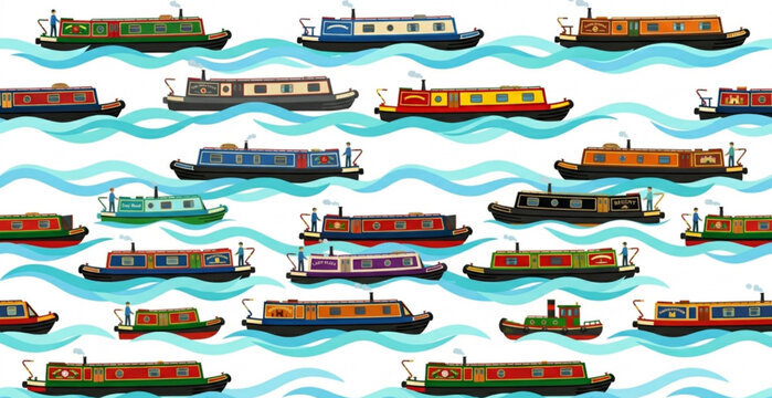 Editable Narrow Boat Seamless Pattern Vector with United Kingdom Canal Transport Design