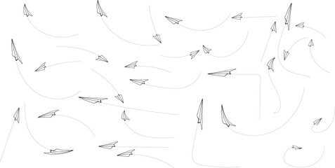 Paper airplanes in flight with dotted trajectories © ChandanArts