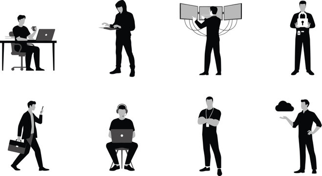 Technology professionals silhouettes showing cybersecurity, cloud computing, data monitoring, IT support, mobile communication, encryption, and digital innovation teamwork