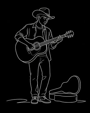 White monoline guitarist with cowboy hat on black
