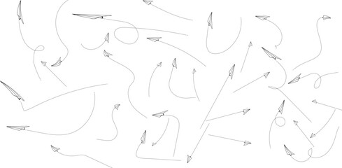 Paper airplanes in flight with dotted trajectories © ChandanArts