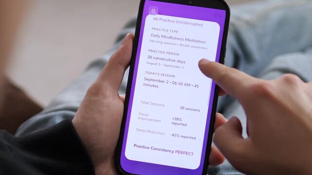 lose-up of a screen displaying measurable results: 38 percent focus improvement and 42 percent stress reduction. The data proves the apps effectiveness. Perfect for wellness technology, and health