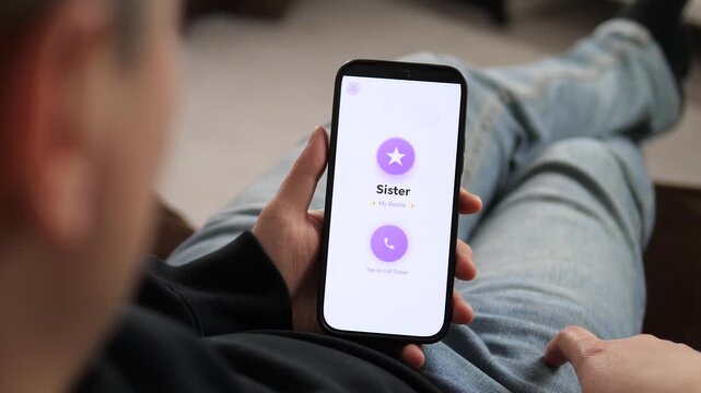 User preparing to call their sister, labeled My Bestie, on a simple mobile interface. The soft purple icons evoke warmth. Ideal for family communication, relationship apps, and heartfelt lifestyle