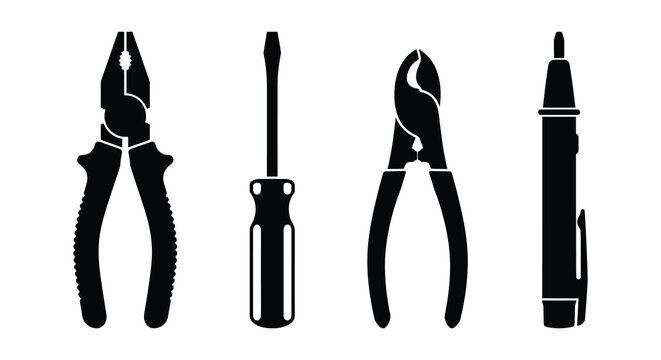 Tool Silhouettes On White Background Pliers Screwdriver And Electric Drill