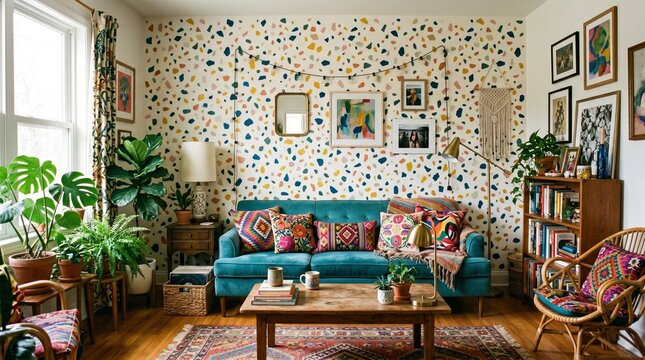 A vibrant living room featuring a blue velvet sofa, terrazzo patterned wallpaper, eclectic gallery wall, indoor plants, and colorful boho textiles.