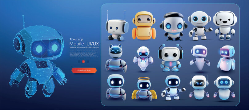 Cute robot character set with mobile app interface layout