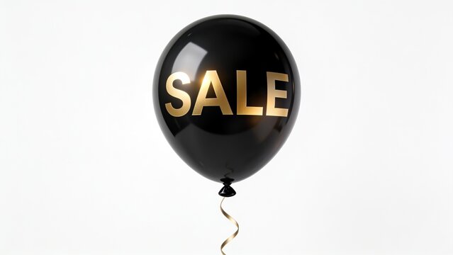 A shiny black balloon with a gold SALE text floats in air
