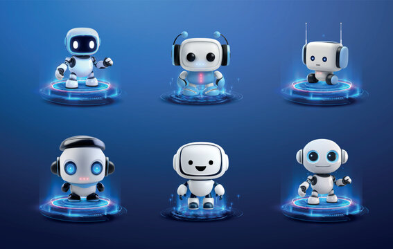 Set of cute futuristic robot characters on glowing platforms