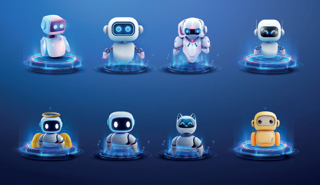 Cute futuristic robot character set with glowing hologram bases