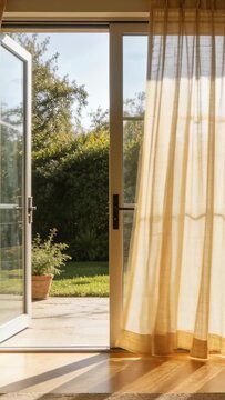 Vertical video: Light breeze drawing sheer curtain through open patio door at home, airing room