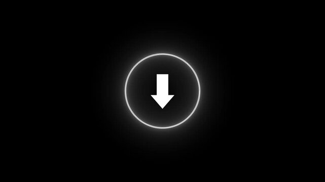 Glowing neon download arrow smoothly moving from top to bottom in a seamless loop. Futuristic technology animation with luminous circular frame, apps, websites, data transfer, and digital projects.