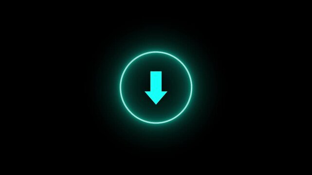 Glowing neon download arrow smoothly moving from top to bottom in a seamless loop. Futuristic technology animation with luminous circular frame, apps, websites, data transfer, and digital projects.