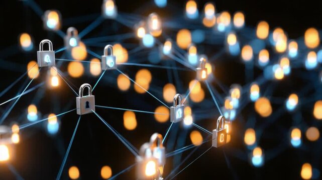 Digital Security Network: An abstract visualization of a secure digital network, featuring interconnected nodes with locked padlocks, symbolizing data protection and cybersecurity in a glowing.