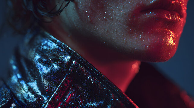 Wet reflective portrait hyper realistic close up metallic jacket red light blue light moody