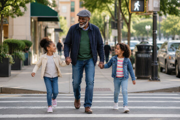 Obraz premium African American grandfather walking across city crosswalk with two granddaughters, candid multigenerational family moment in urban neighborhood, everyday family life, safety, care joyful connection