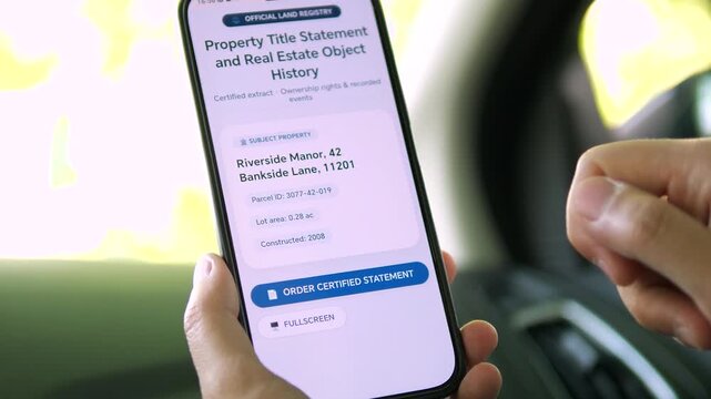 User viewing the property details of Riverside Manor on an official land registry app. Parcel ID and construction year are clearly displayed. Ideal for real estate research, property investment, and