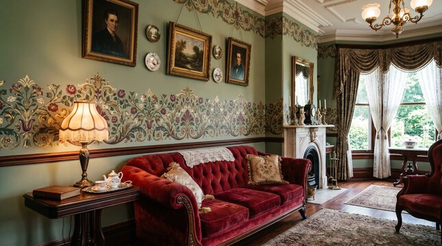 Elegant Victorian-style parlor featuring a red velvet sofa, ornate green wallpaper, antique portraits, and a classic fireplace.
