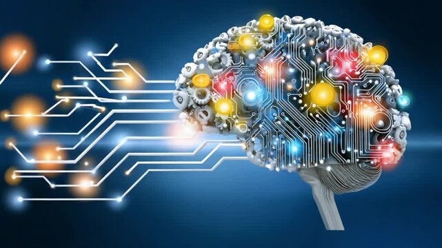 Digital Brain Network: A stylized human brain composed of intricate circuitry, with glowing nodes representing active neural connections, is linked to a network of digital pathways.
