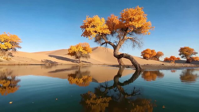 Solitary golden Populus euphratica tree standing proudly in the calm lake water at sunset, Yuli Xinjiang.