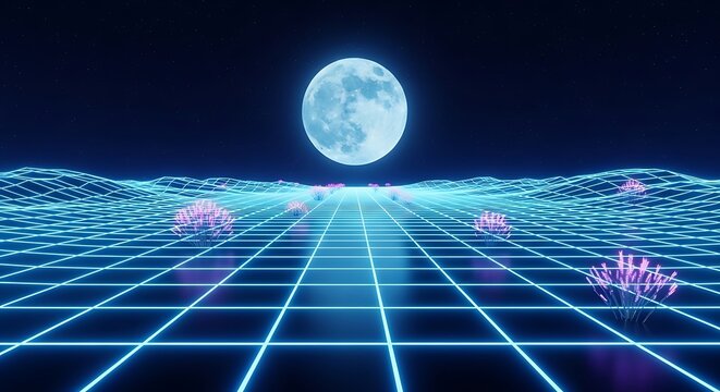 Retro synthwave landscape with glowing neon grid and full moon.