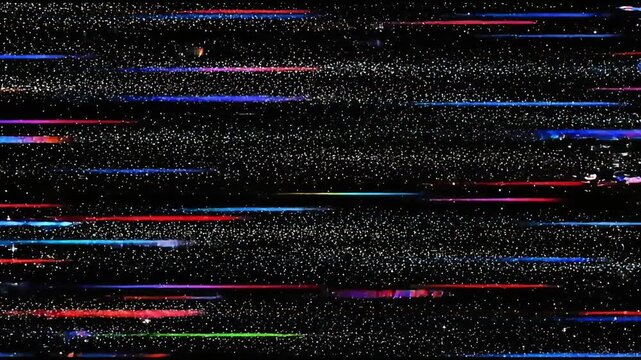 Abstract colorful digital glitch animation with static noise streaks and light trails