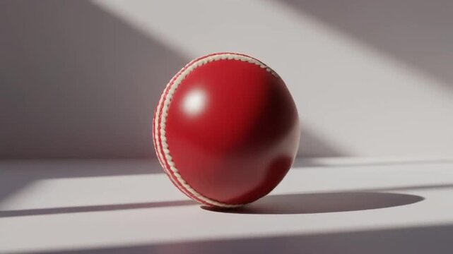 Animation video of a cricket ball spinning rapidly against a clean bright background and natural sunlight