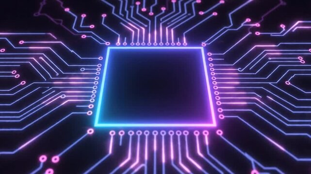 Glowing Microchip Circuit Board with Neon Blue Lighting on Dark Background