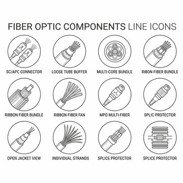 Line icons illustrating various fiber optic components and their internal structures, including connectors, bundles, buffers, and splice protectors.