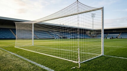 Naklejka premium Soccer Goal Post on Green Field with Empty Stadium Seating and Bright Sky at Sunset