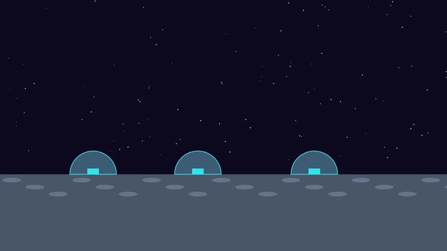 Lunar rover driving on moon surface with habitat domes 2 d animation space exploration