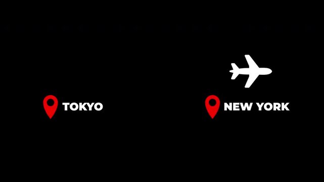 Tokyo To New York Airplane Travel Flight Route Animation Transparent Background With Alpha Channel
