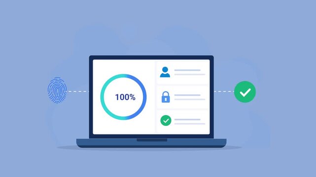 Animated flat vector illustration of a laptop displaying a biometric security dashboard with fingerprint authentication, user verification, and data protection icons. Modern identity security and cybe