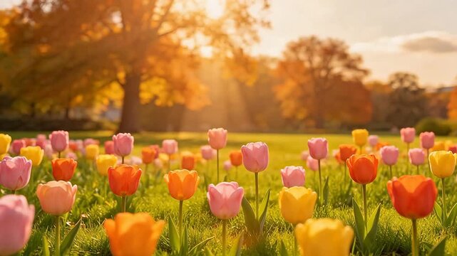 Colorful tulips in a sunny field