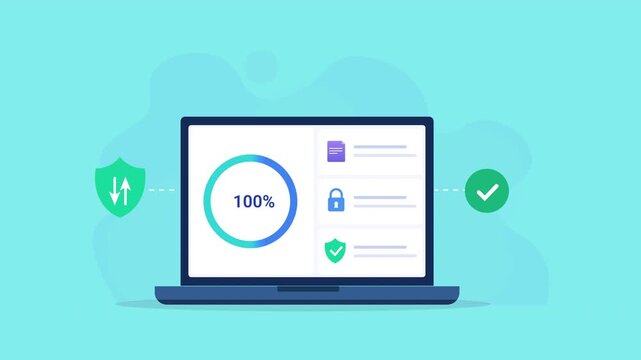Animated flat vector illustration of a laptop displaying a cloud data protection dashboard with security, encryption, and verification icons. Modern cloud security and cybersecurity technology concept